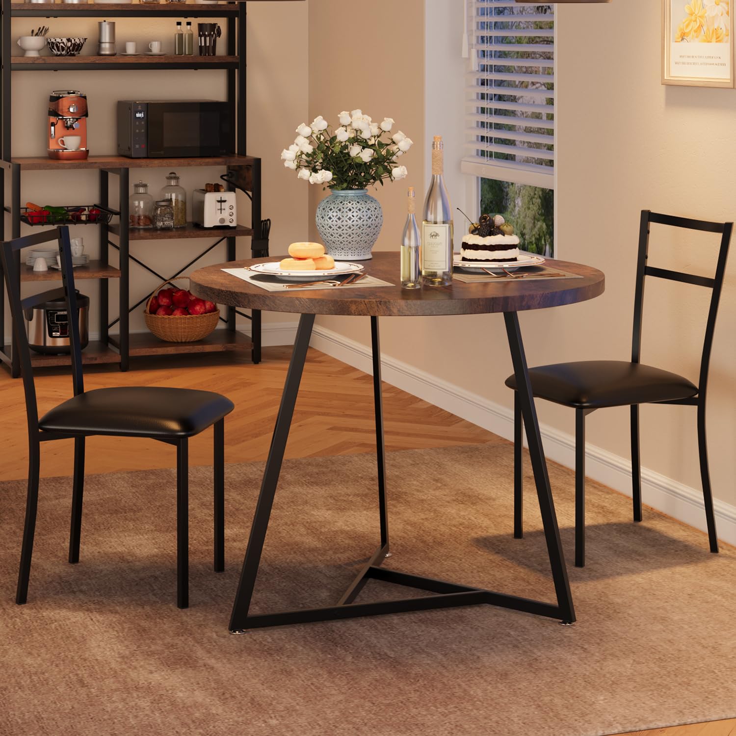 GAOMON 3-Piece Round Dining Table Set for 2 with Upholstered Chairs - Small Space Kitchen Table & Chairs for Apartments & Studios - Rustic Brown Finish - Perfect for Breakfast Nooks, Cozy Meals & Small Dining Areas