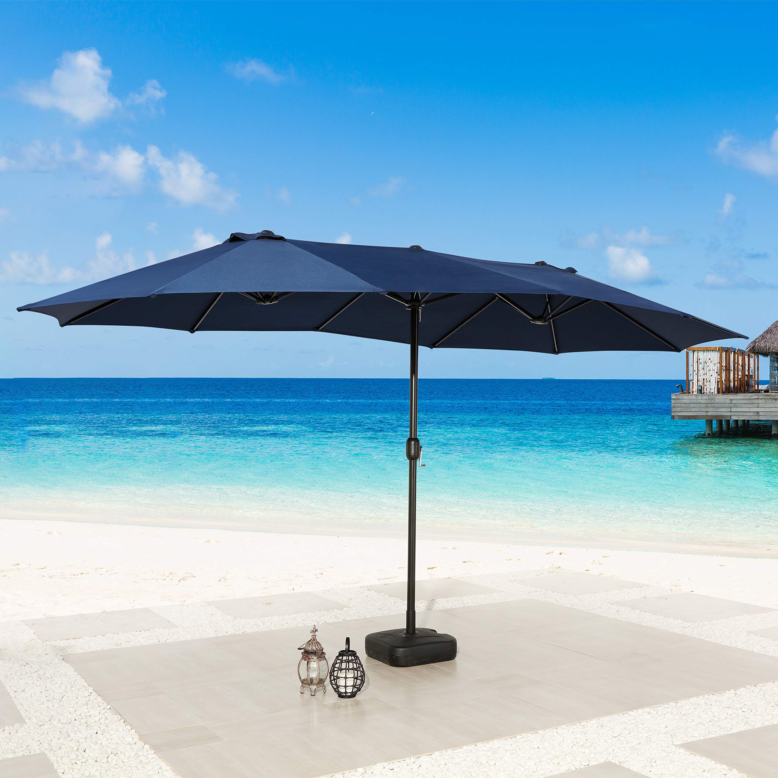 LOKATSE HOME 15ft Double-Sided Outdoor Patio Umbrella with Crank - Heavy Duty Aluminum Garden Market Umbrella with Twin Sun Canopy in 2-Tone Blue - Perfect for Poolside, Backyard, and Commercial Outdoor Spaces