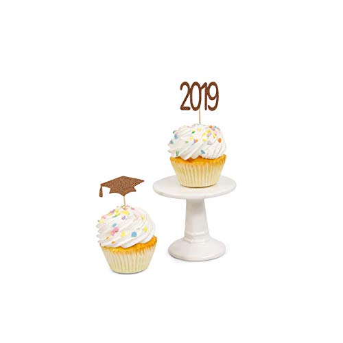 Rose Gold Glitter Graduation Cupcake Toppers - 24 Pack Edible Toothpicks for Graduation Party Decorations, Cakes & Desserts
