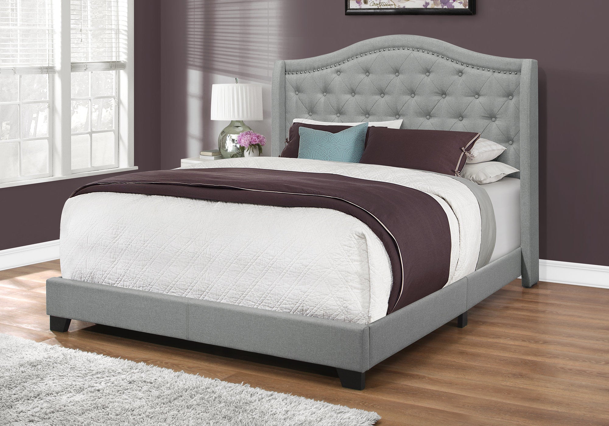 Queen Size Bed Frame with Grey Linen Upholstery & Chrome Trim - Modern Bedroom Furniture for Master Bedroom, Guest Room, or Apartment