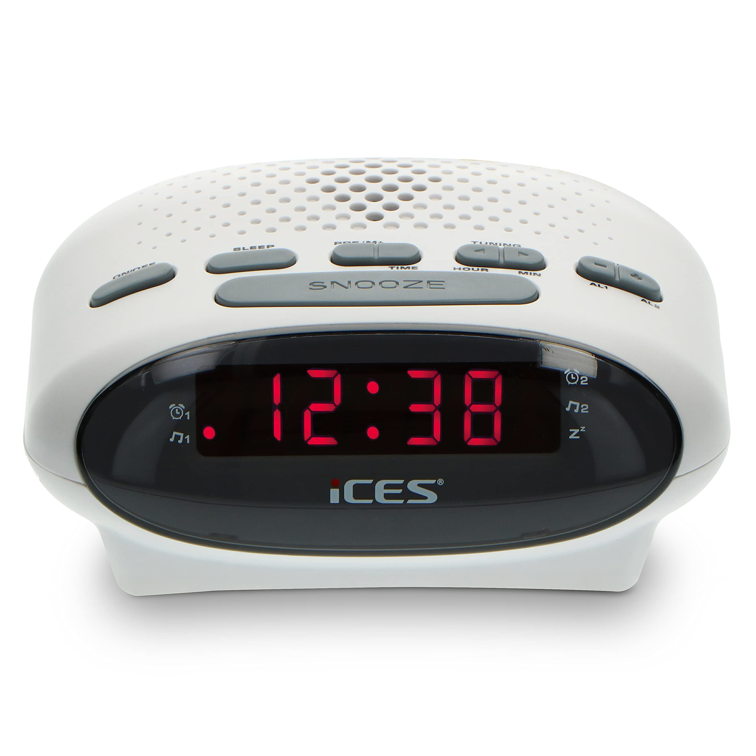 ICR-210 White FM Alarm Clock Radio with PLL-FM Tuner, Built-in Speakers, LED Display, Dual Alarms & Snooze Function - Perfect for Bedroom, Office, and Travel
