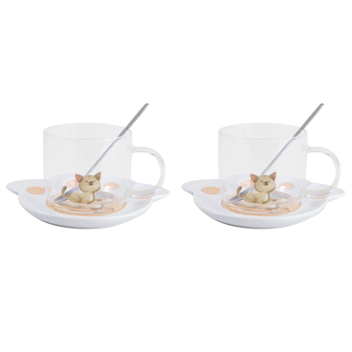 YARNOW 6-Piece Transparent Glass Coffee Mug Set with Cat Design - Includes Tray & Spoon for Afternoon Tea, Milk, or Hot Beverages (Brown) - Perfect for Home, Office, or Gift Giving