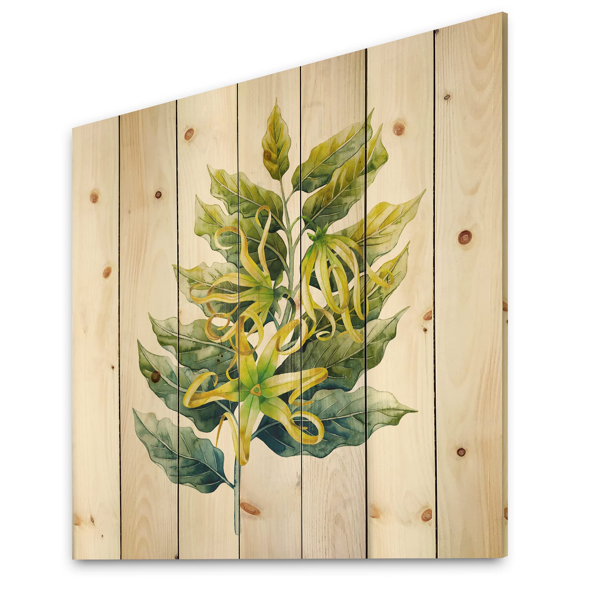 DesignQ Ylang Ylang Flower Wood Wall Decor - Handmade Traditional Floral Wall Art Panel, Large Green Botanical Pine Wood Painting for Living Room, Bedroom & Office Decoration