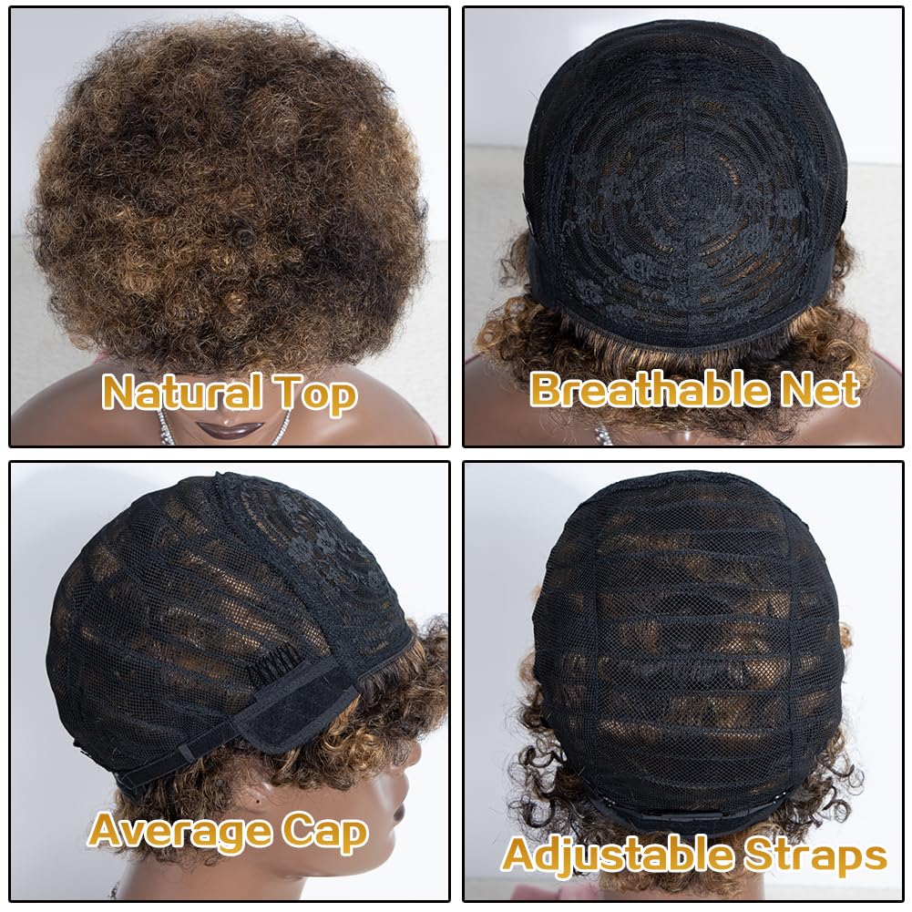 Short Afro Curly Human Hair Wigs for Black Women - 130% Density Brazilian Virgin Hair in P1B/27 Blonde Mix | Perfect for Daily Wear, Cosplay & Special Occasions