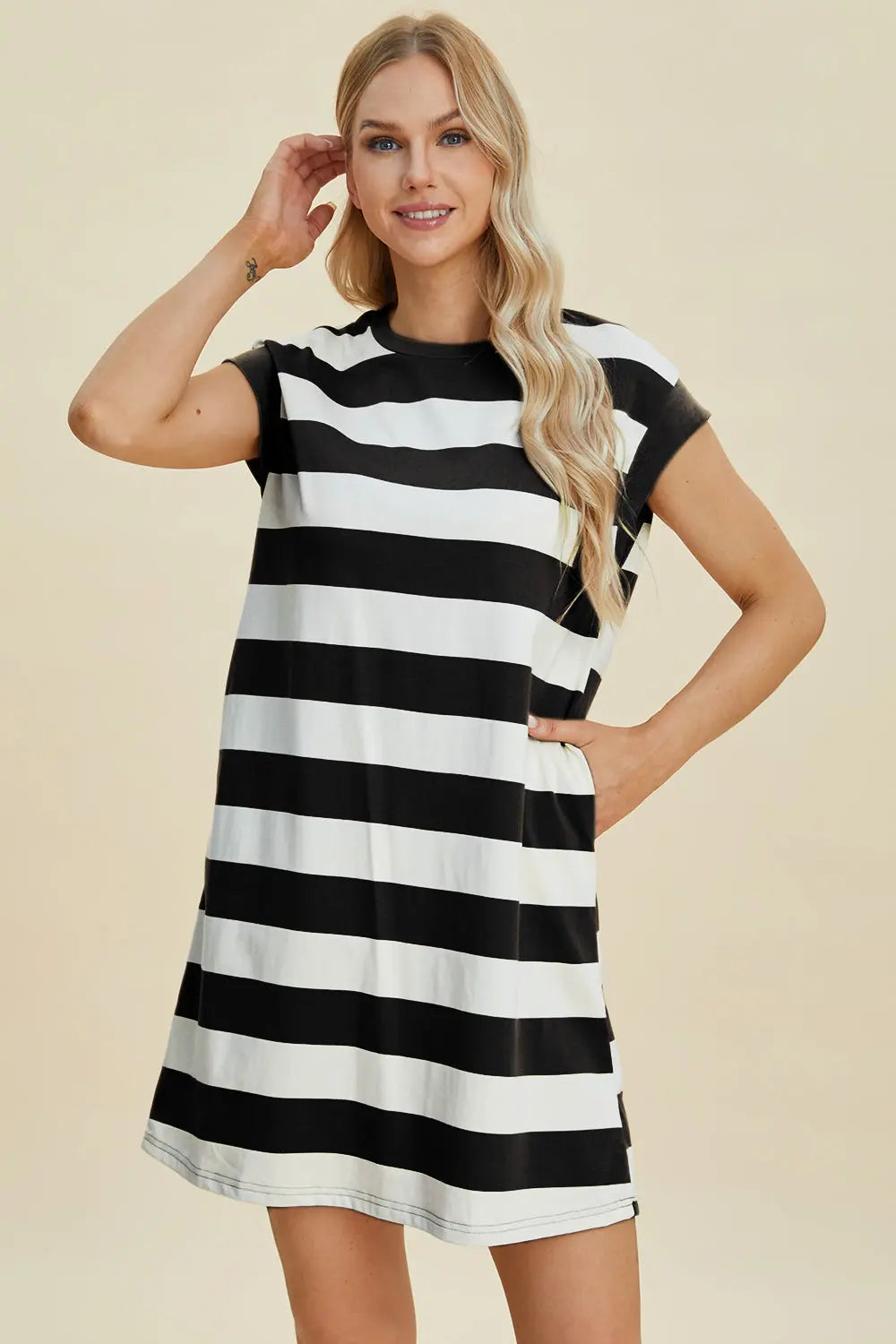 Basic Bae Women's Full Size Striped Round Neck Cap Sleeve Mini Dress - Casual Summer Outfit for Beach, Party & Date Night