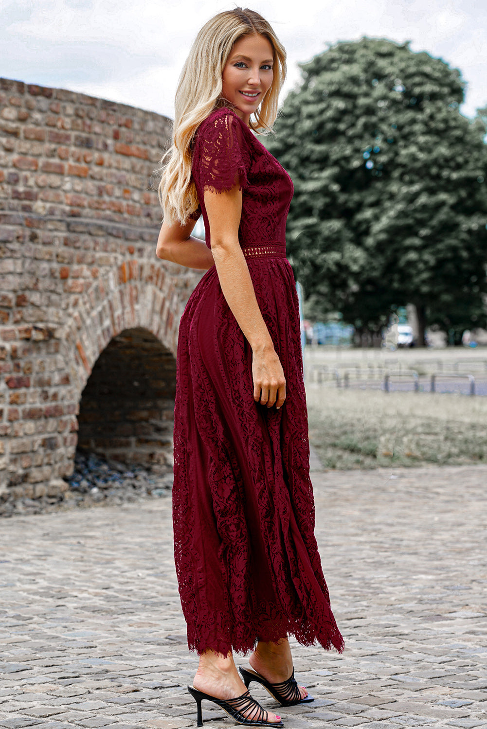 Elegant Scalloped Trim Lace Plunge Dress for Women - Sexy Deep V Neck Evening Gown for Party, Wedding, Date Night & Special Occasions