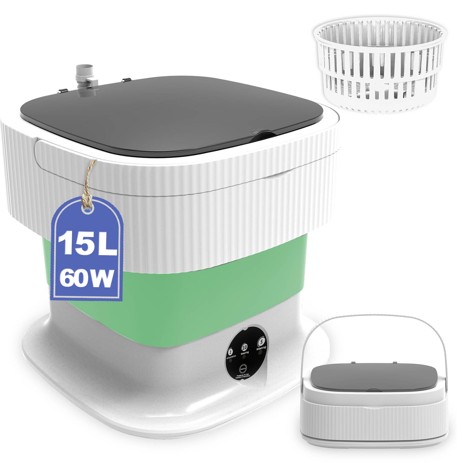 15L Portable Washing Machine with Spin Dryer - Foldable Mini Washer for Travel, Dorm, Apartment & RV - Compact Laundry Solution for Baby Clothes, Underwear & Socks - Perfect Green Space-Saving Washing Machine for Small Spaces & Camping