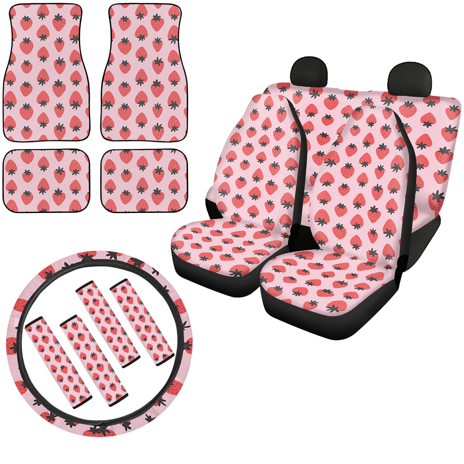 Premium Floral Car Seat Covers Set - Full Front & Rear Bench Covers, Steering Wheel Cover, 4-Piece Floor Mats & Seat Belt Pads - Stylish Strawberry Floral Design for Women's Car Interior Decoration - Perfect for Daily Commute, Road Trips & Gift Giving