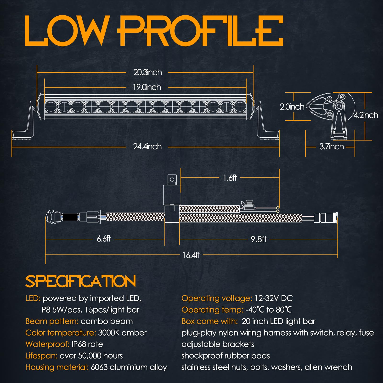 20 Inch Amber LED Light Bar with Wiring Harness - 75W Single Row Spot/Flood Combo Beam - Waterproof Off-Road Lighting Kit for SXS, Truck, ATV, UTV (Perfect for Night Driving, Work Sites & Off-Road Adventures)
