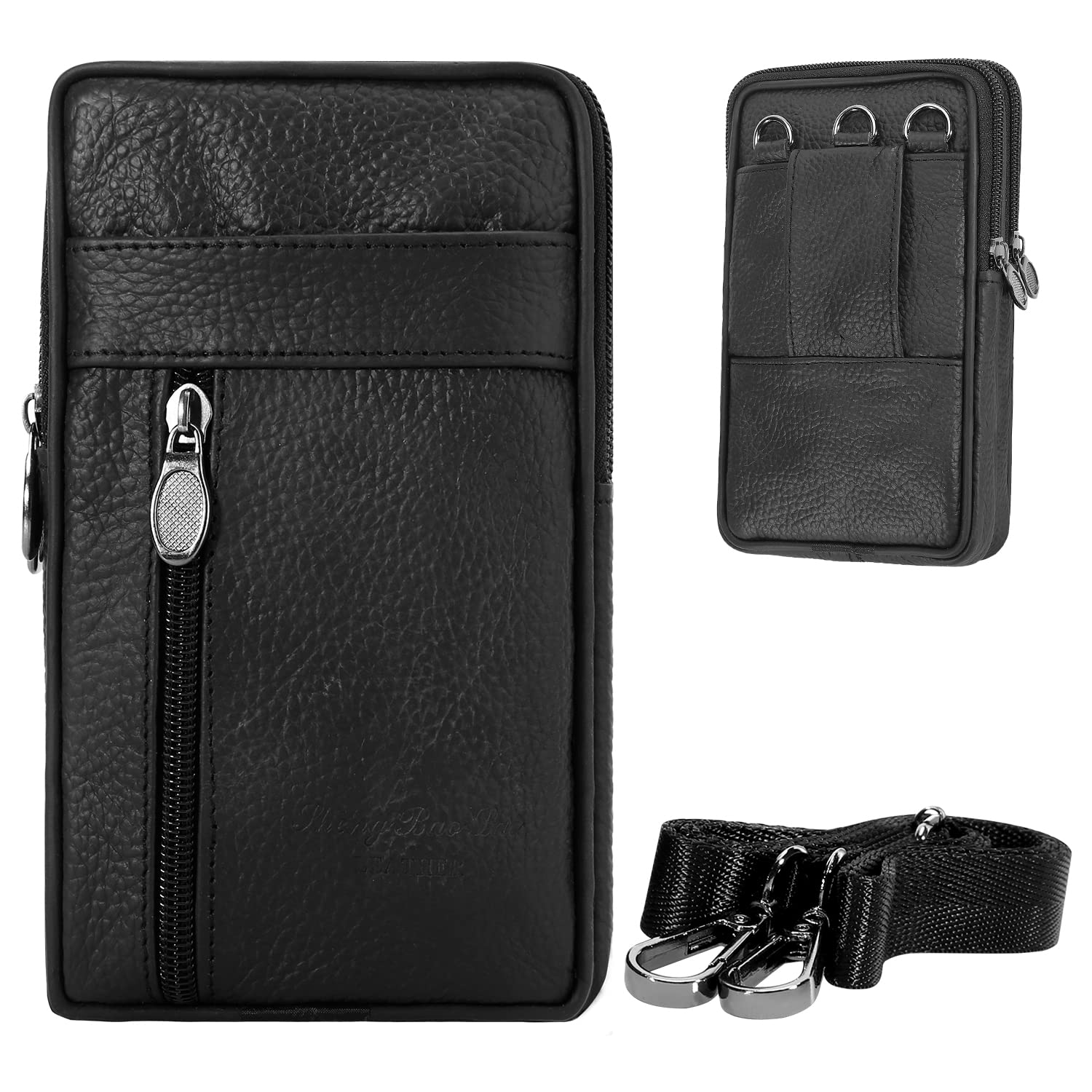 DOB SECHS Genuine Leather Crossbody Bag for Men & Women - Slim Phone Purse with Belt Clip, Shoulder Strap - Compact & Stylish Belt Pouch (Black) - Perfect for Travel, Shopping & Everyday Essentials