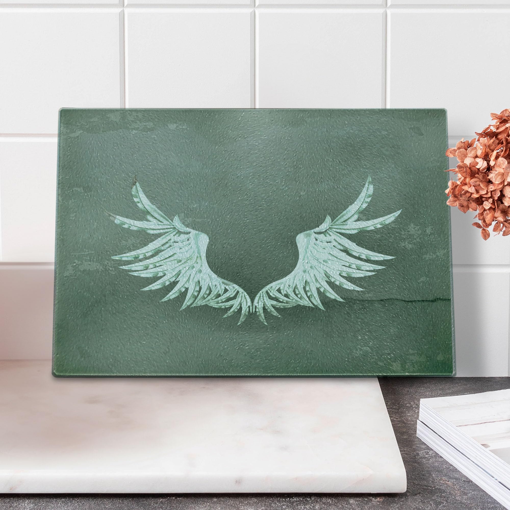Ambesonne Grunge Cutting Board - Vintage Coat of Arms Wings on Cracked Wall Design, Tempered Glass Serving Board for Kitchen & Dining, Small Size Grey White - Perfect for Cheese Platters, Charcuterie & Home Decor