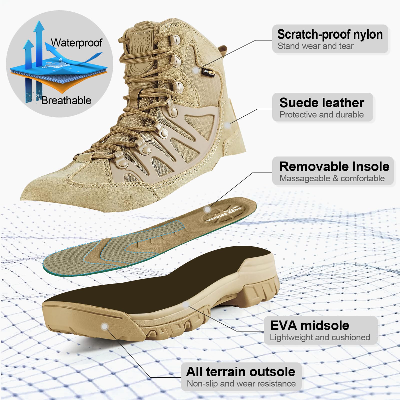FREE SOLDIER Men's Tactical Waterproof Lightweight Hiking Boots - Military Combat & Work Boots for Outdoor Adventures, Hunting & Heavy Duty Jobs