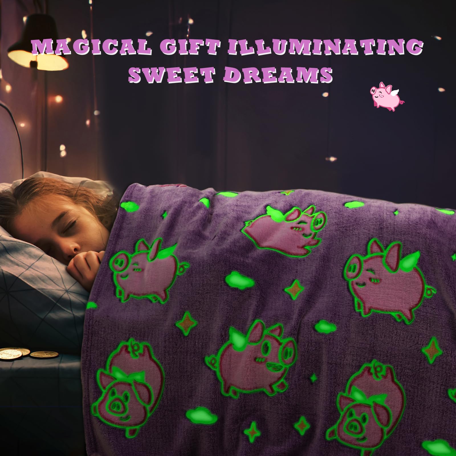 Glow in The Dark Pink Pig Fleece Blanket - Soft Cute Animal Throw for Girls & Kids - Perfect for Bedroom Decor, Birthday & Christmas Gifts - Cozy for Sleepovers, Movie Nights & Winter Snuggles
