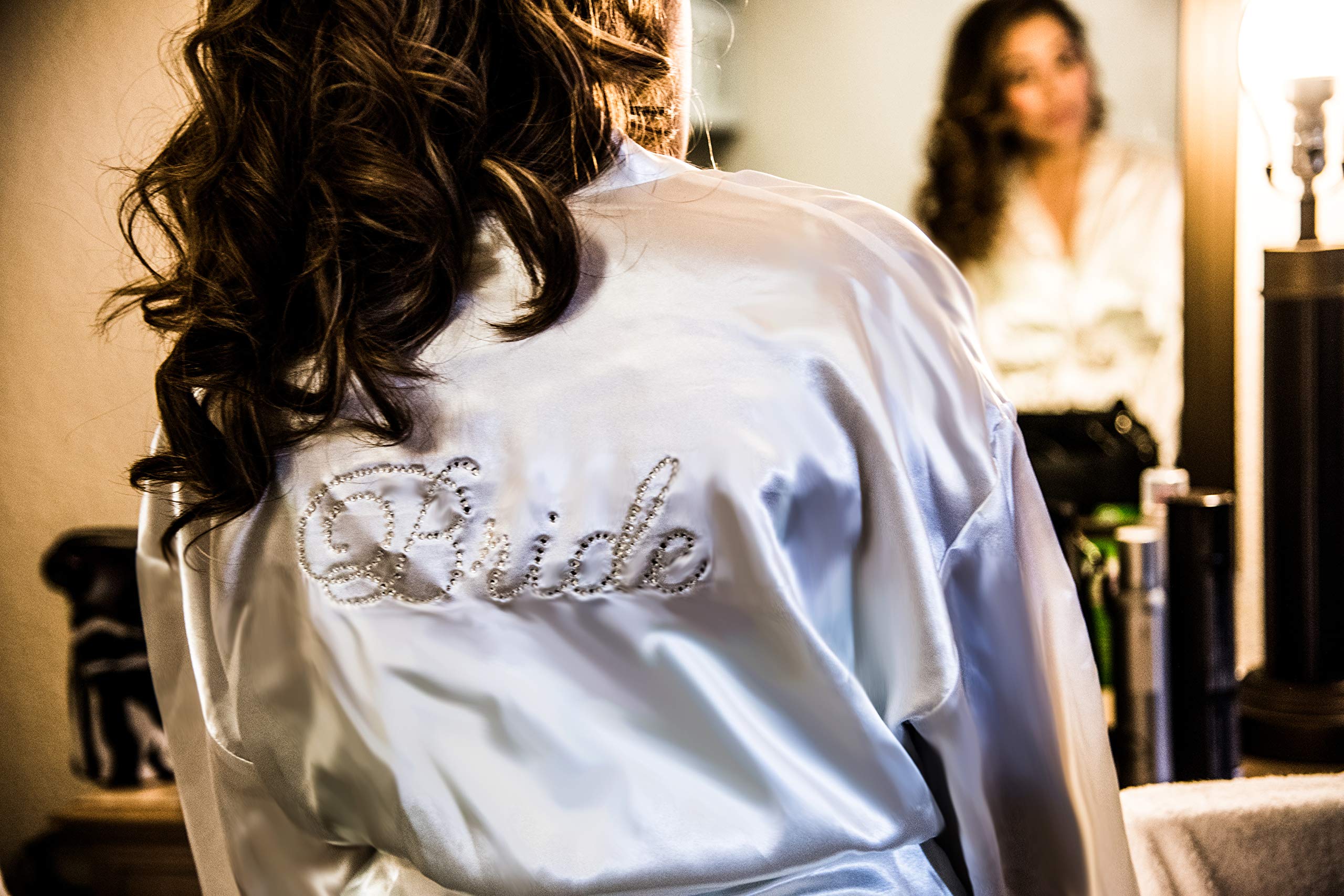 Elegant White Satin Bridal Robe with Rhinestones - Perfect for Wedding Morning, Bridal Shower & Photo Shoots
