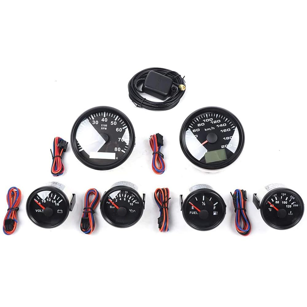 6 Gauge Set - Speedometer, Tachometer, Fuel Level, Oil Pressure, Volt & Water Temp Gauges | Universal Programmable Dashboard Instruments for Cars, Trucks, Boats & Yachts (Black Background) | Perfect for Performance Monitoring & Vehicle Customization