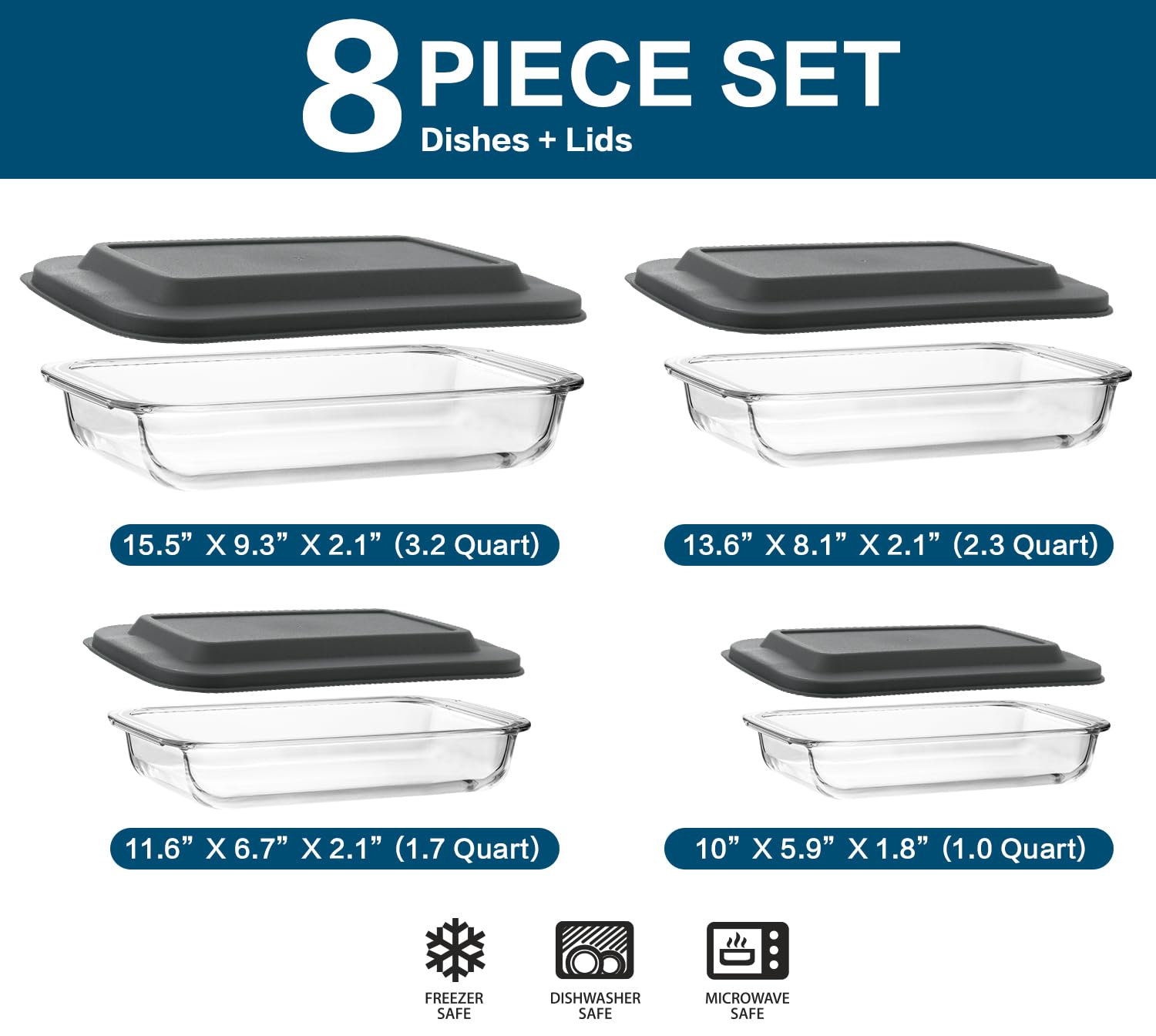 8-Piece Rectangular Glass Baking Dish Set with Plastic Lids - Oven, Freezer & Dishwasher Safe Bakeware for Lasagna, Casseroles, Leftovers & Meal Prep - Perfect for Home Cooking, Baking & Food Storage