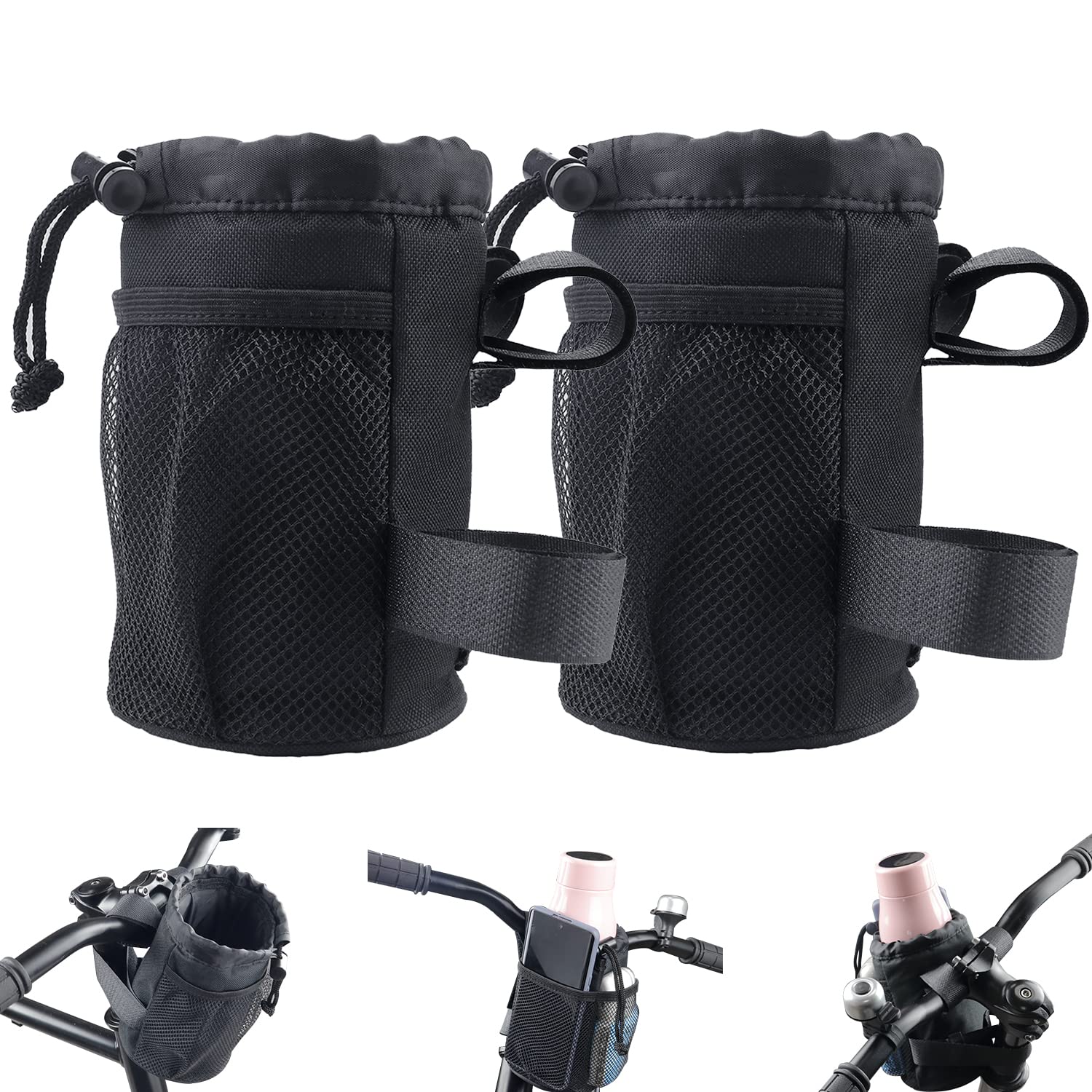 2 Pack Bike Cup Holder - Durable Bicycle Handlebar Water Bottle Holder with Mesh Oxford Pocket for Phone & Drinks - Compatible with Mountain Bikes, Road Bikes, e-Bikes, Kids Bikes, Wheelchairs & Cruisers - Perfect for Cycling, Commuting, Hiking & Outdoor Adventures