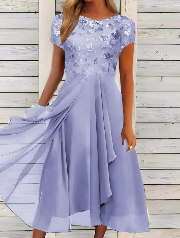 Akivide Women's Summer Chiffon Lace Maxi Dress - Short Sleeve Flowy Formal Evening Gown for Wedding Guest, Beach Party & Special Occasions