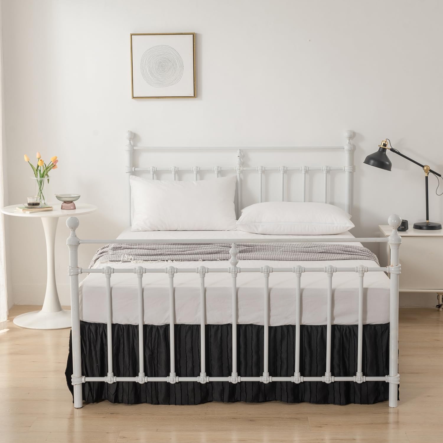 Full Size Bed Skirt - 14 Inch Drop Ruffled Split Corner Design, Striped Boho Style in Black | Perfect for Guest Rooms, Master Bedrooms & Bohemian Home Decor