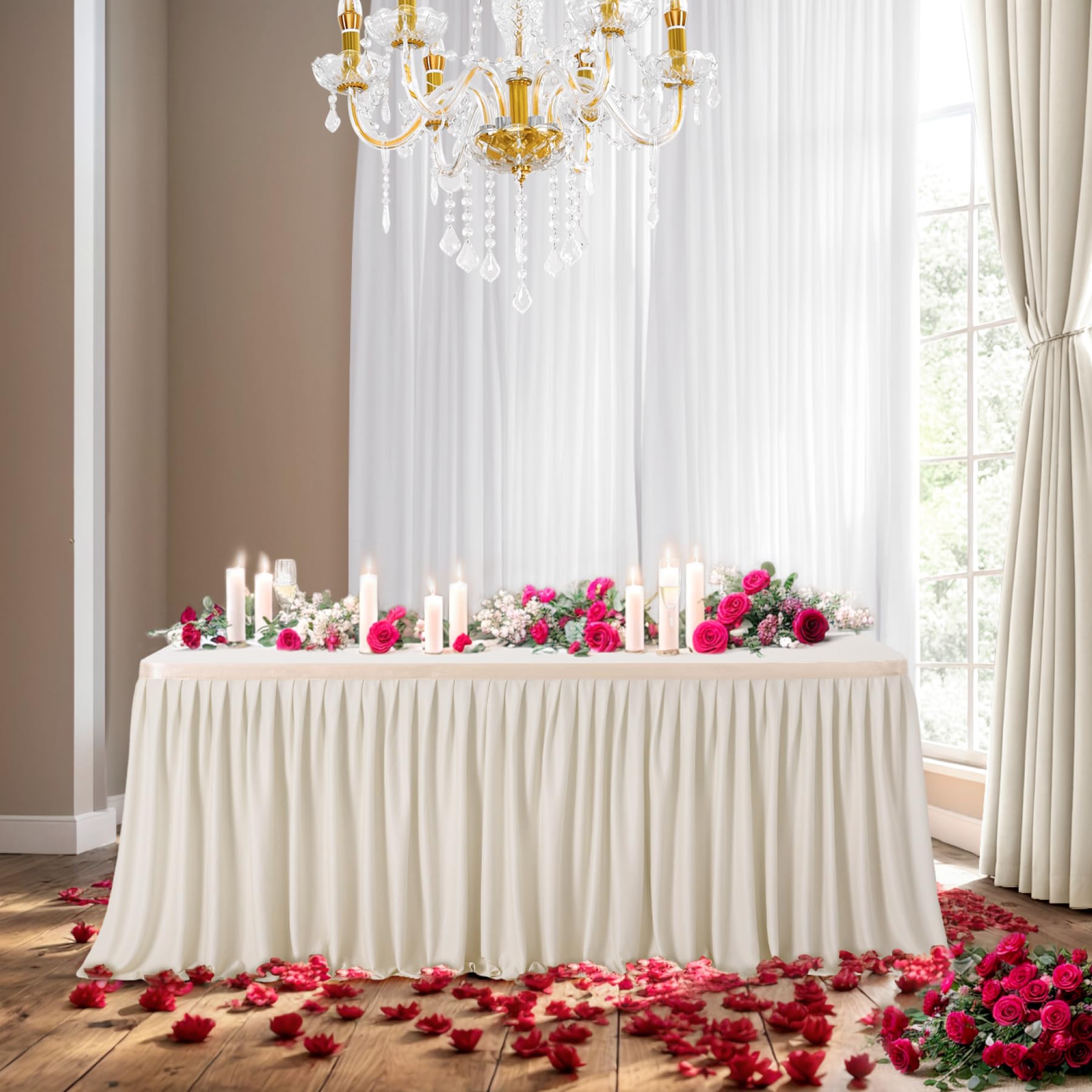 Leegleri 14ft Beige Pleated Table Skirt - Spandex Polyester Rectangle Table Cover for Weddings, Baby Showers & Birthday Parties | Perfect for Gender Reveals, Dessert Tables & Cake Displays