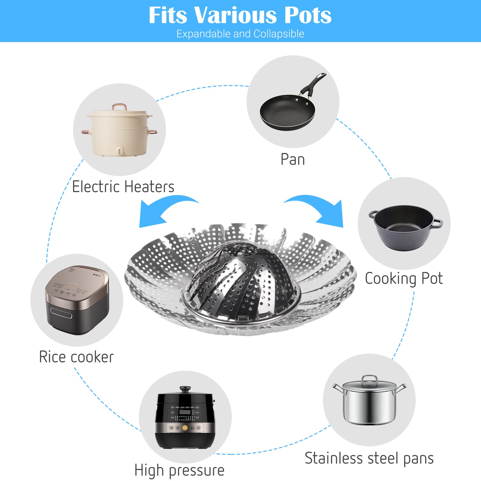 Stainless Steel Expandable Steamer Basket for Pots - Vegetable Steamer Rack, Fits 6.1