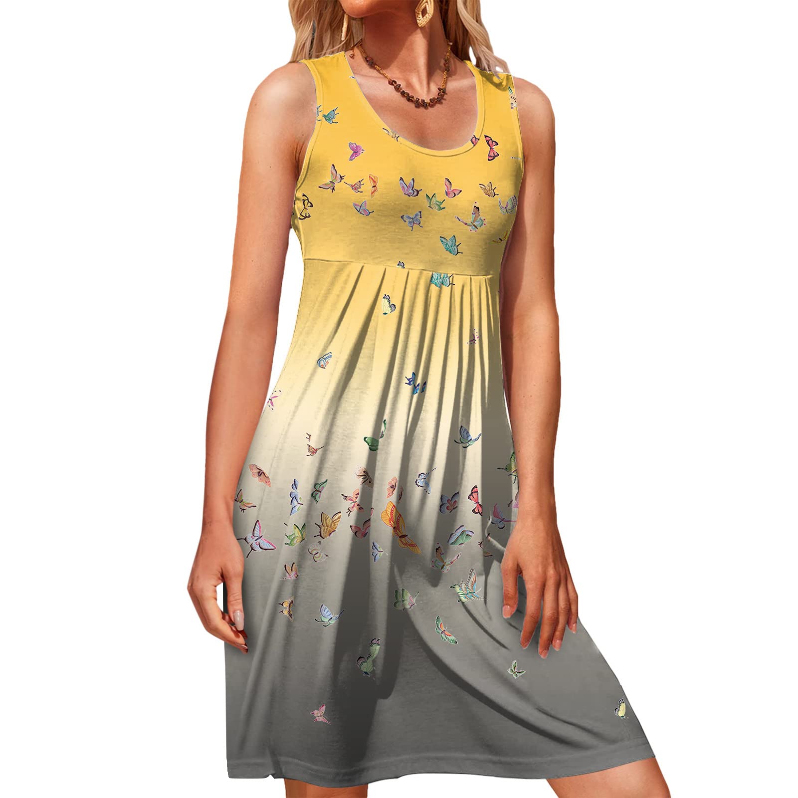 Women's Sleeveless Pleated Mini Dress - Crew Neck Loose Fit Casual Summer Beach Dress for Vacation, Party & Daily Wear