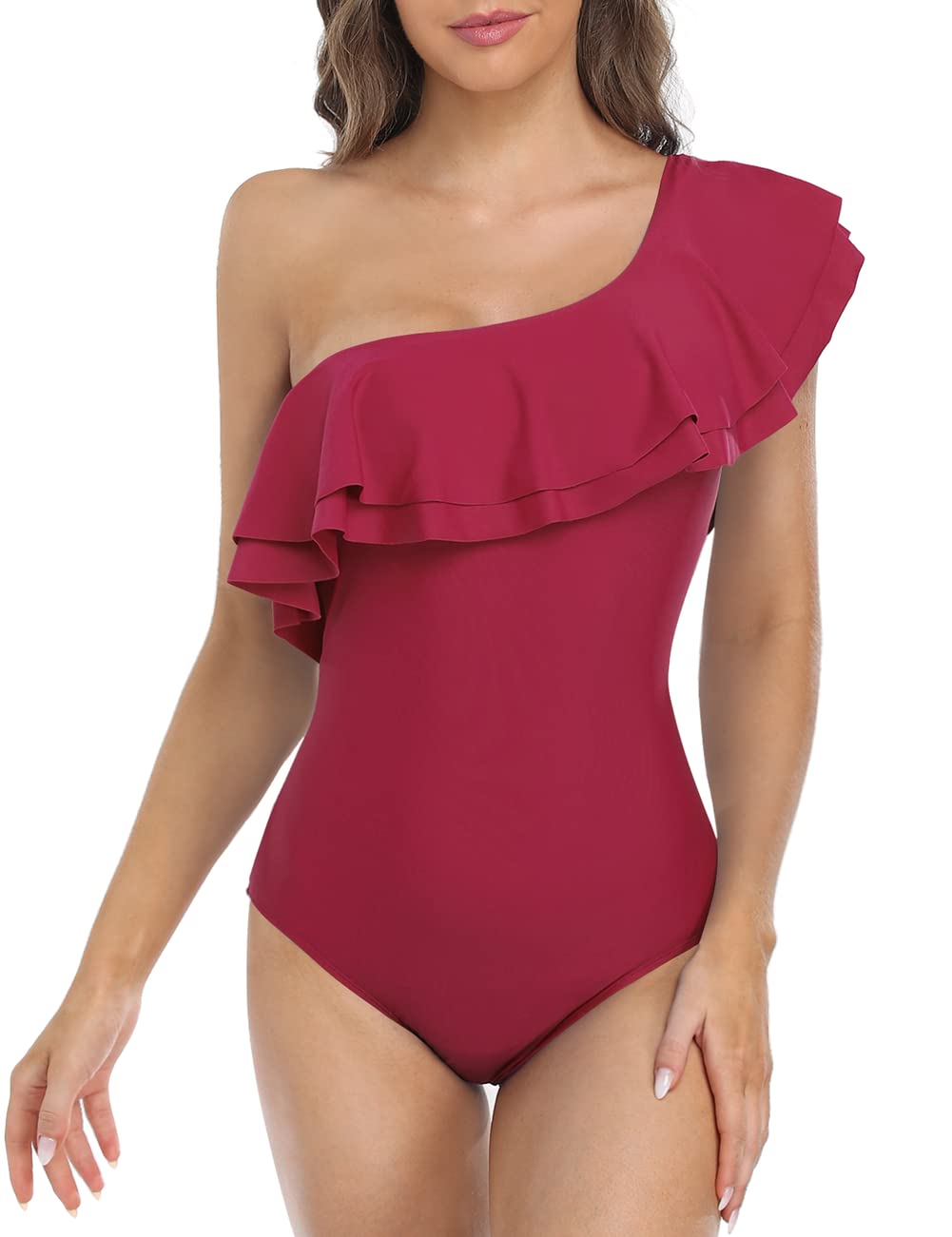 Hilor Women's One Shoulder Asymmetric One Piece Swimsuit with Ruffles - Sexy Bathing Suit for Beach, Pool Party & Summer Vacation