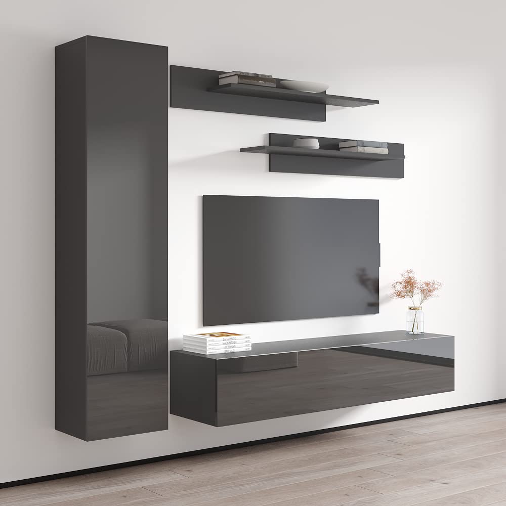 Modern Wall-Mounted TV Stand with Storage & LED Lights - Meble Fly G30 Entertainment Center for Living Room & Bedroom - Floating TV Console with Shelves (Gray) - Perfect for Small Spaces & Home Theater Setups