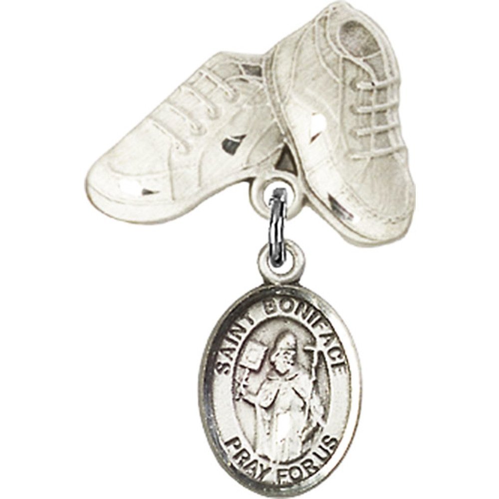 Sterling Silver Baby Badge with St. Boniface Charm & Baby Boots Pin - 1 X 5/8 Inch - Perfect for Christening Gifts, Baby Showers & First Communion Keepsakes