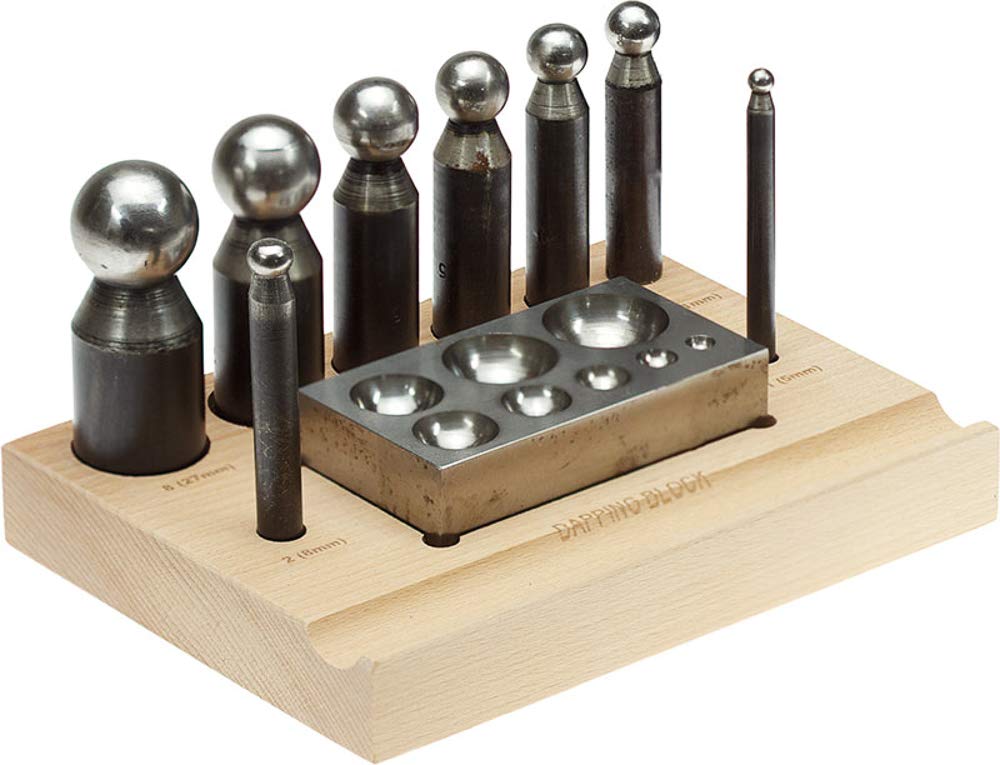 SE Dapping Block and Punch Set with Wooden Stand (10 PC) - Jewelry Making Tools for Metal Forming, Wire Wrapping, and DIY Craft Projects - JT3408DP