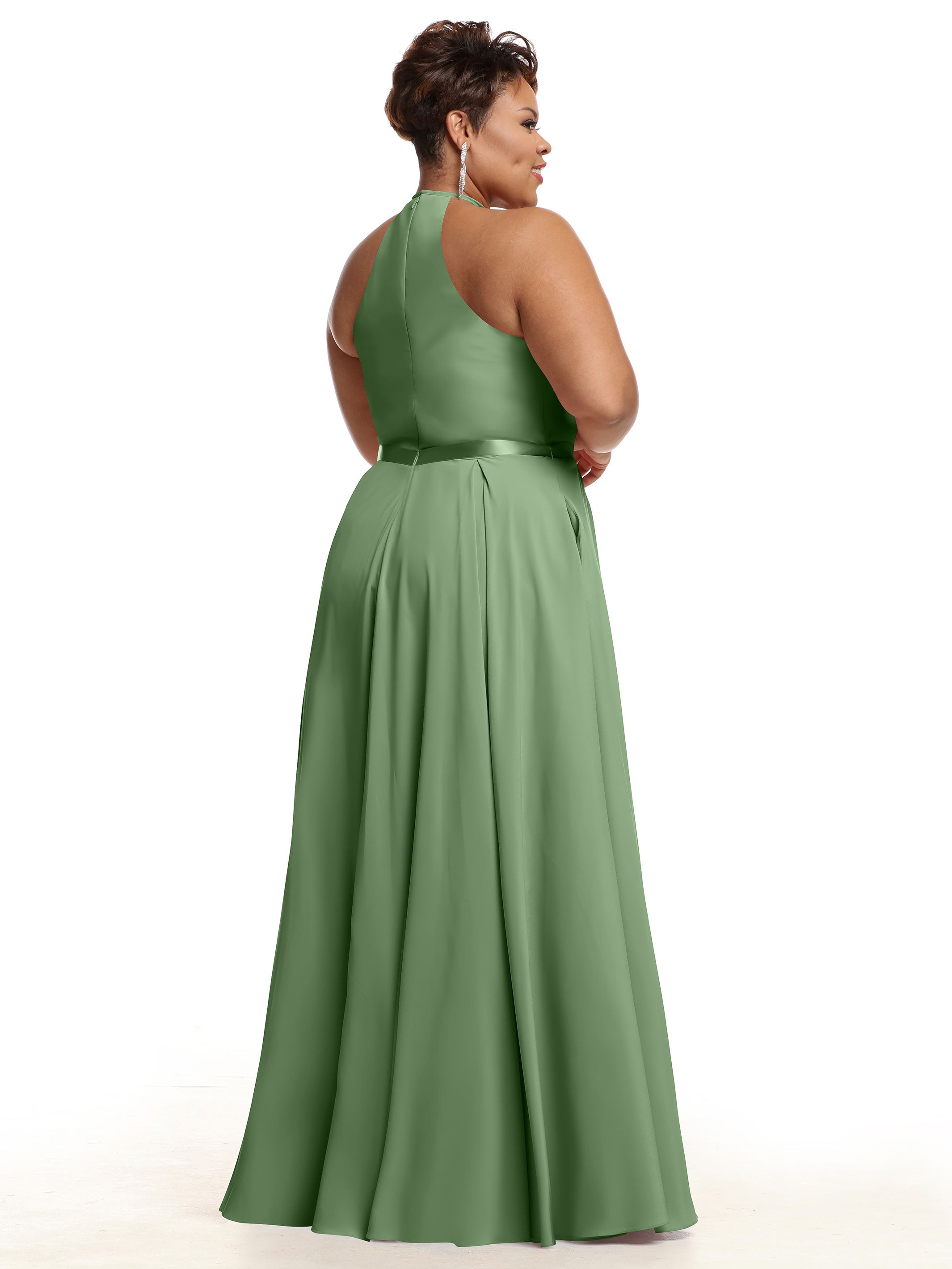 Elegant A-Line Stretch Chiffon Bridesmaid Dress with Halter Neckline & Waist Belt - Perfect for Weddings, Parties & Formal Events