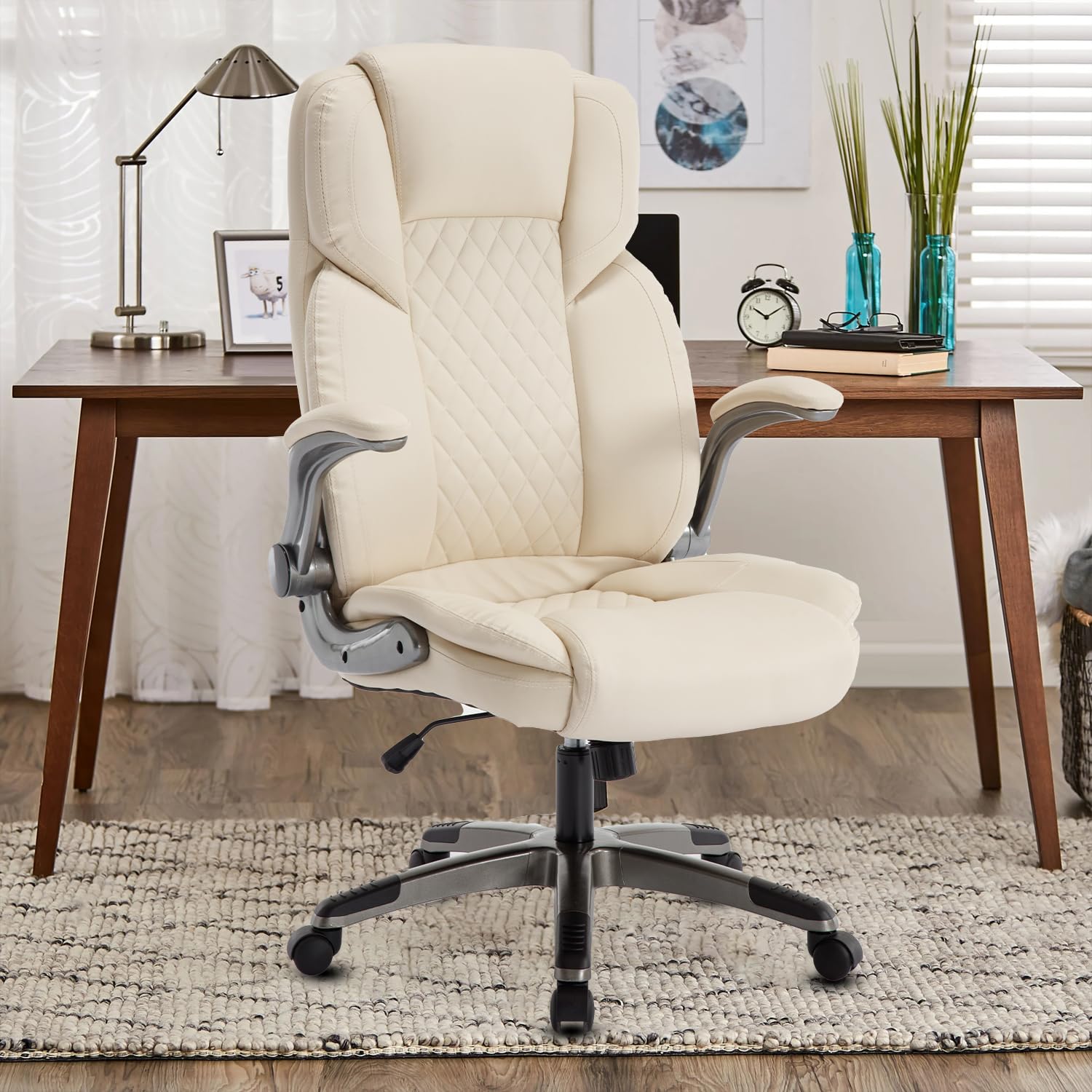 Ergonomic High Back Office Chair with Flip-Up Arms, PU Leather Executive Desk Chair with Wheels & Lumbar Support - 90-120° Adjustable Rocking Swivel Chair for Home Office, Gaming & Computer Work (Beige)