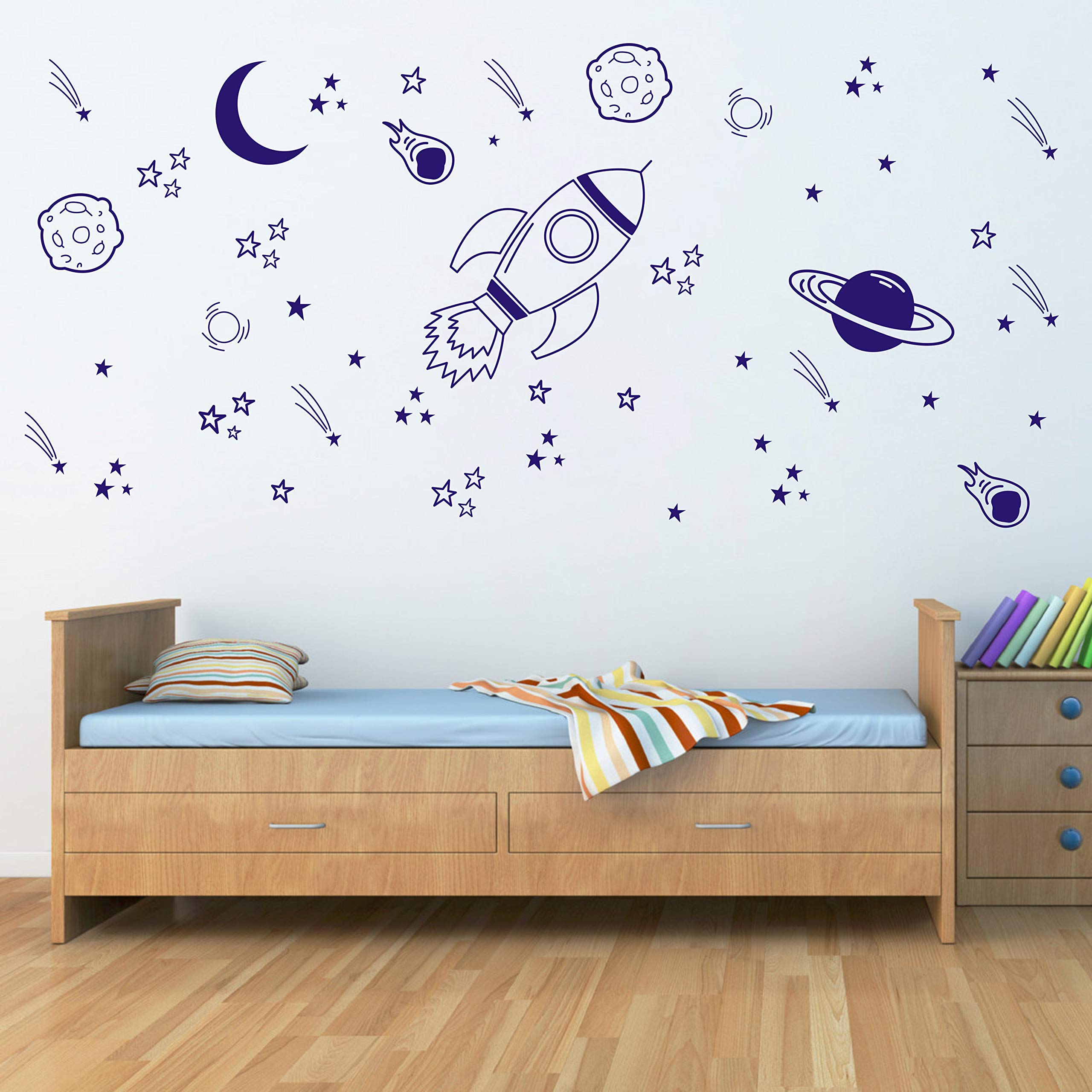 Space Wall Decal for Nursery - Rocket & Planets Decor for Boys' Room | Blue