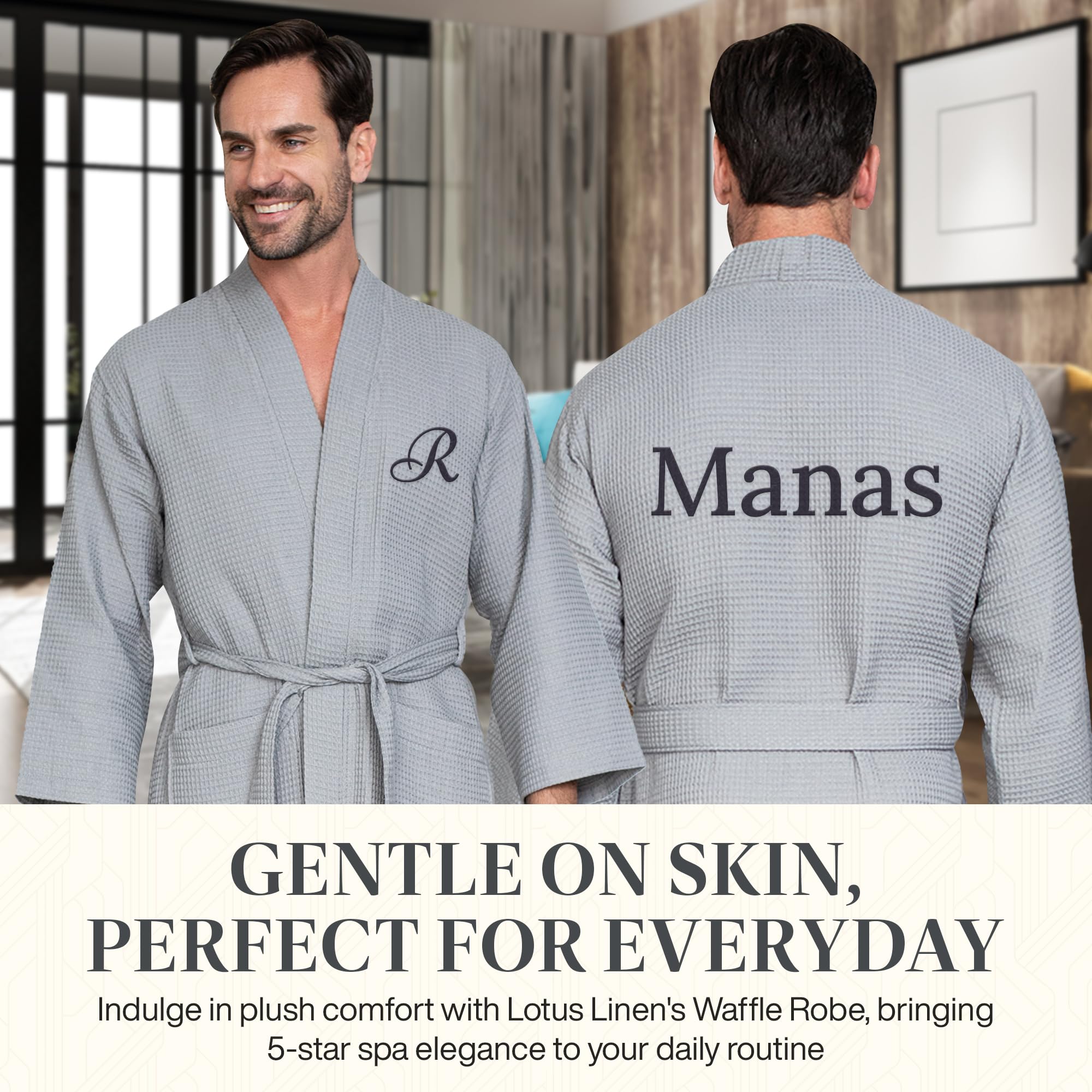 Luxury Soft Waffle Cotton Bath Robe for Men - Breathable SPA Lotus Linen Robe - Perfect for Relaxation, Spa Days & Home Lounging