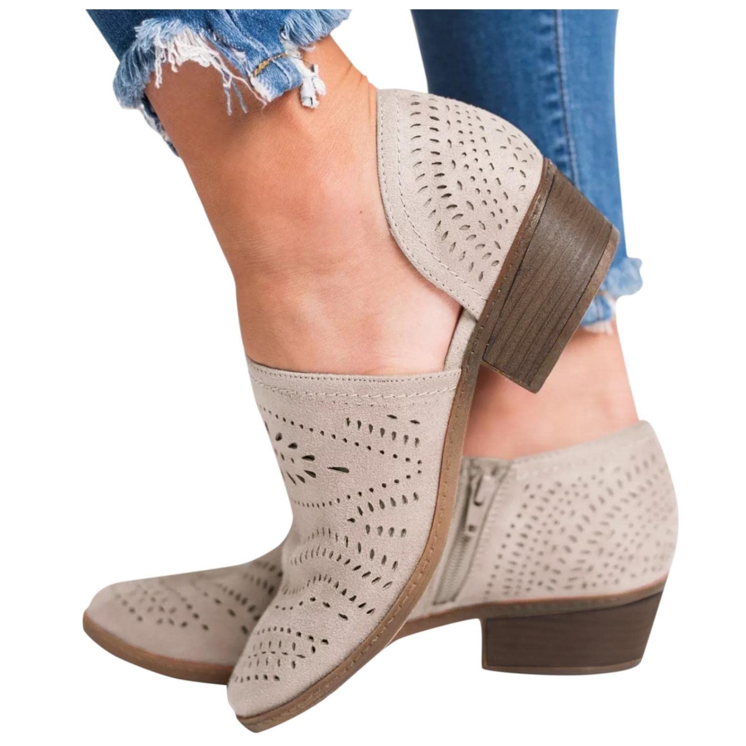 Kaitobe Women's Cowboy Boots - V-Cut Hollow Out Low Heel Ankle Boots for Fall | Western Style Fashion Footwear for Casual Wear, Country Music Festivals & Night Out