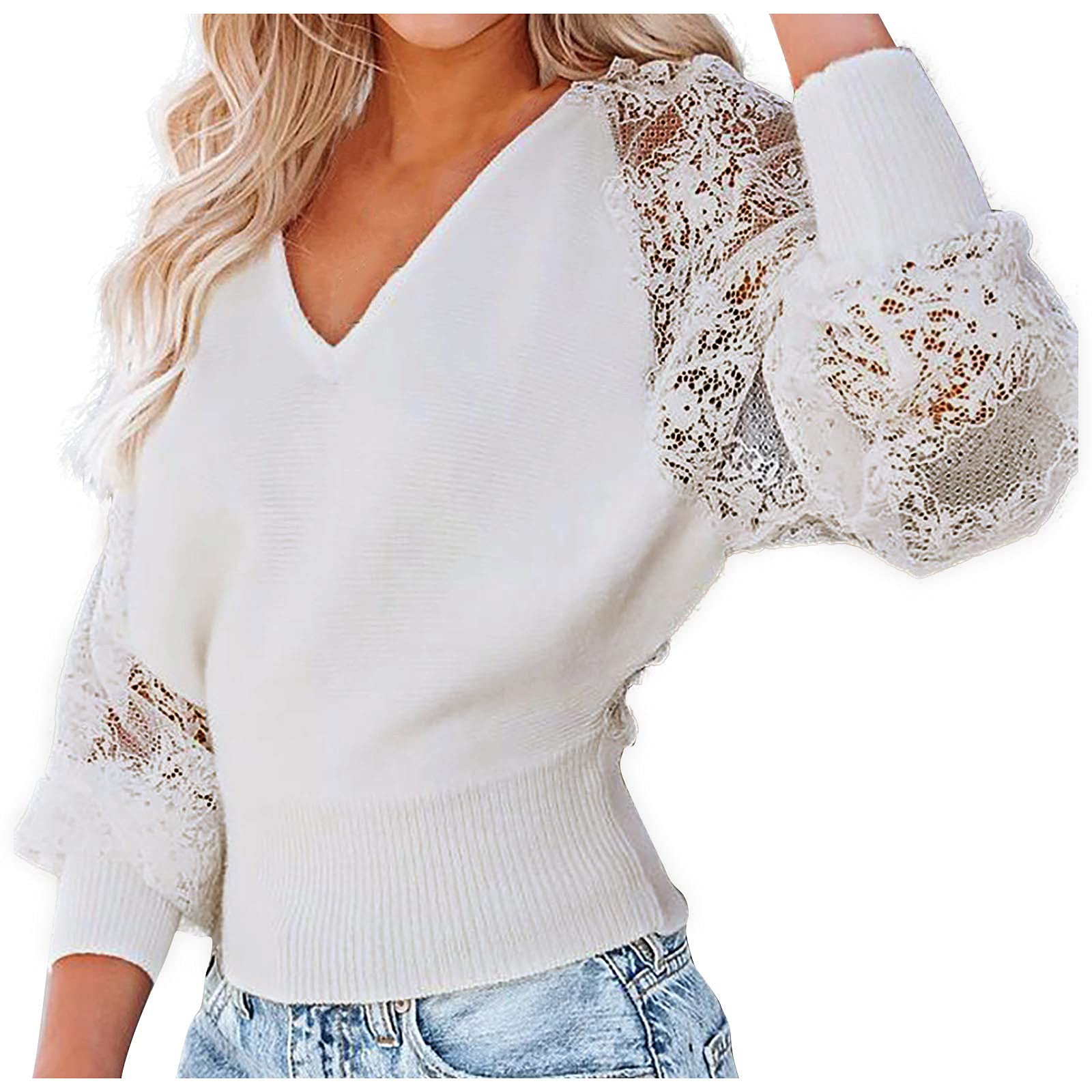 Women's Black & White V-Neck Lace Puff Sleeve Blouse - Sexy Fitted Tunic Top for Date Night & Cocktail Parties