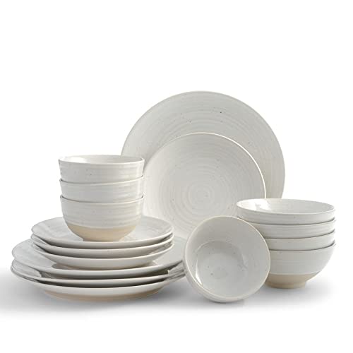 Rustic White 16-Piece Stoneware Dinnerware Set - Textured Casual Round Plates, Bowls & Mugs - Dishwasher & Microwave Safe - Perfect for Family Dinners, Restaurants & Everyday Use