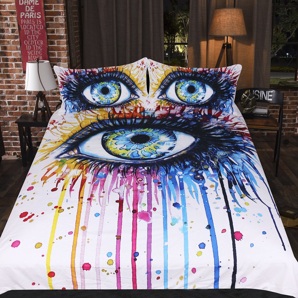 Pixie Cold Art Rainbow Fire Psychedelic Eye Bedding Set - Colorful Tears Queen Size Bedspread for Bohemian & Hippie Style Bedrooms