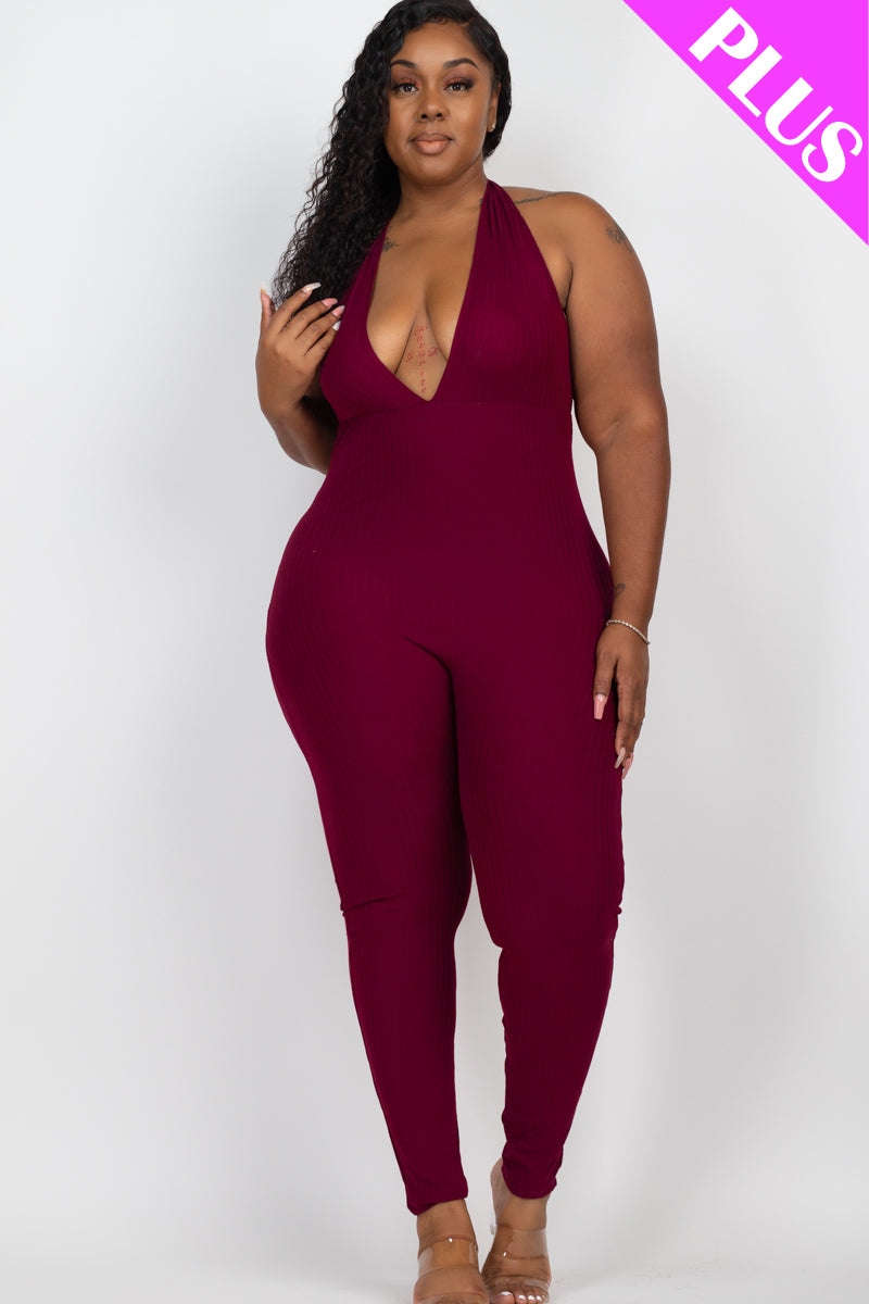 Plus Size Halter V Neck Ribbed Bodycon Jumpsuit for Women - CAPELLA | Stretchy & Flattering Outfit for Casual Wear, Date Night & Party