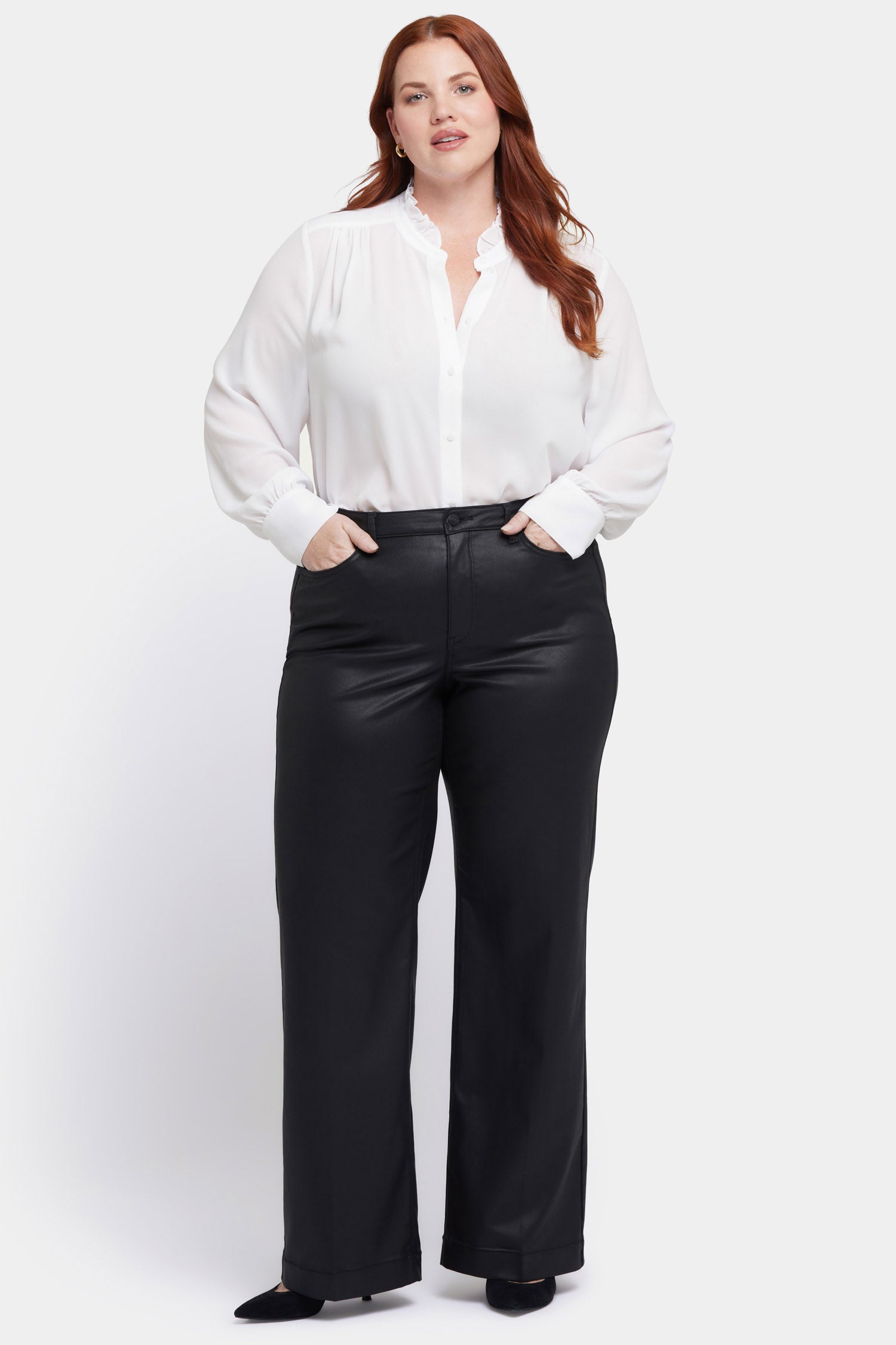 Plus Size Black Coated Teresa Wide Leg Jeans for Women - Stylish High Waist Stretch Denim Pants for Casual Wear & Office Outfits