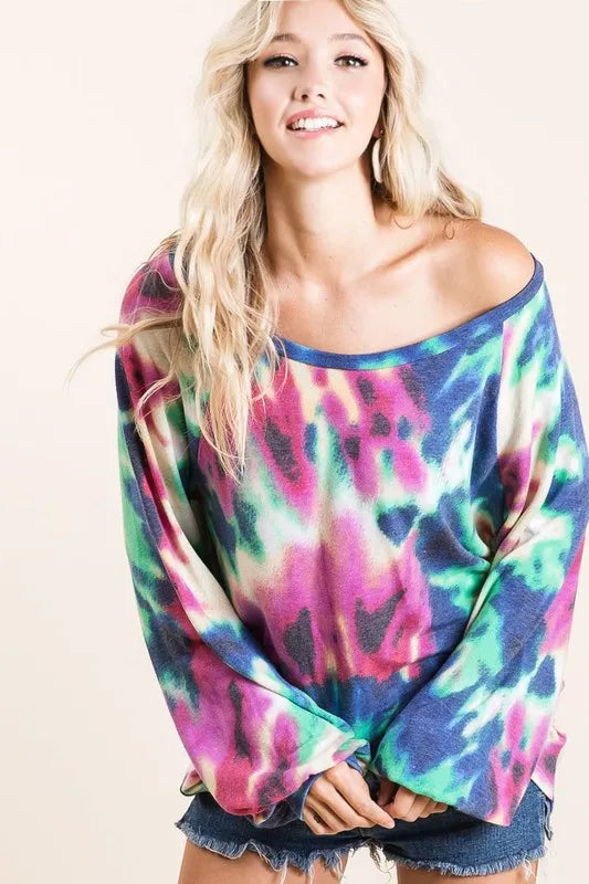 BiBi Tie Dye Print Terry Top with Puff Sleeves | Women's Fashion Casual Shirt | Perfect for Summer Outfits, Beach Wear & Music Festivals