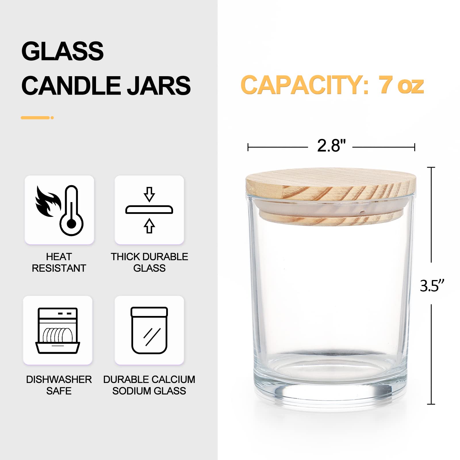 12 Pack 7oz Clear Thick Candle Jars with Wooden Lids - Premium Empty Candle Containers for DIY Candle Making, Wax Melts, Sample Storage - Perfect for Home Decor, Gifts & Craft Projects