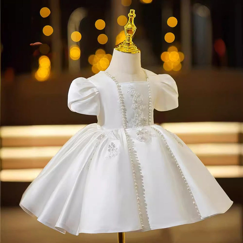 Elegant White Princess Birthday Dress for Girls with Pearl Embellishments - Perfect for Parties, Pageants & Special Occasions
