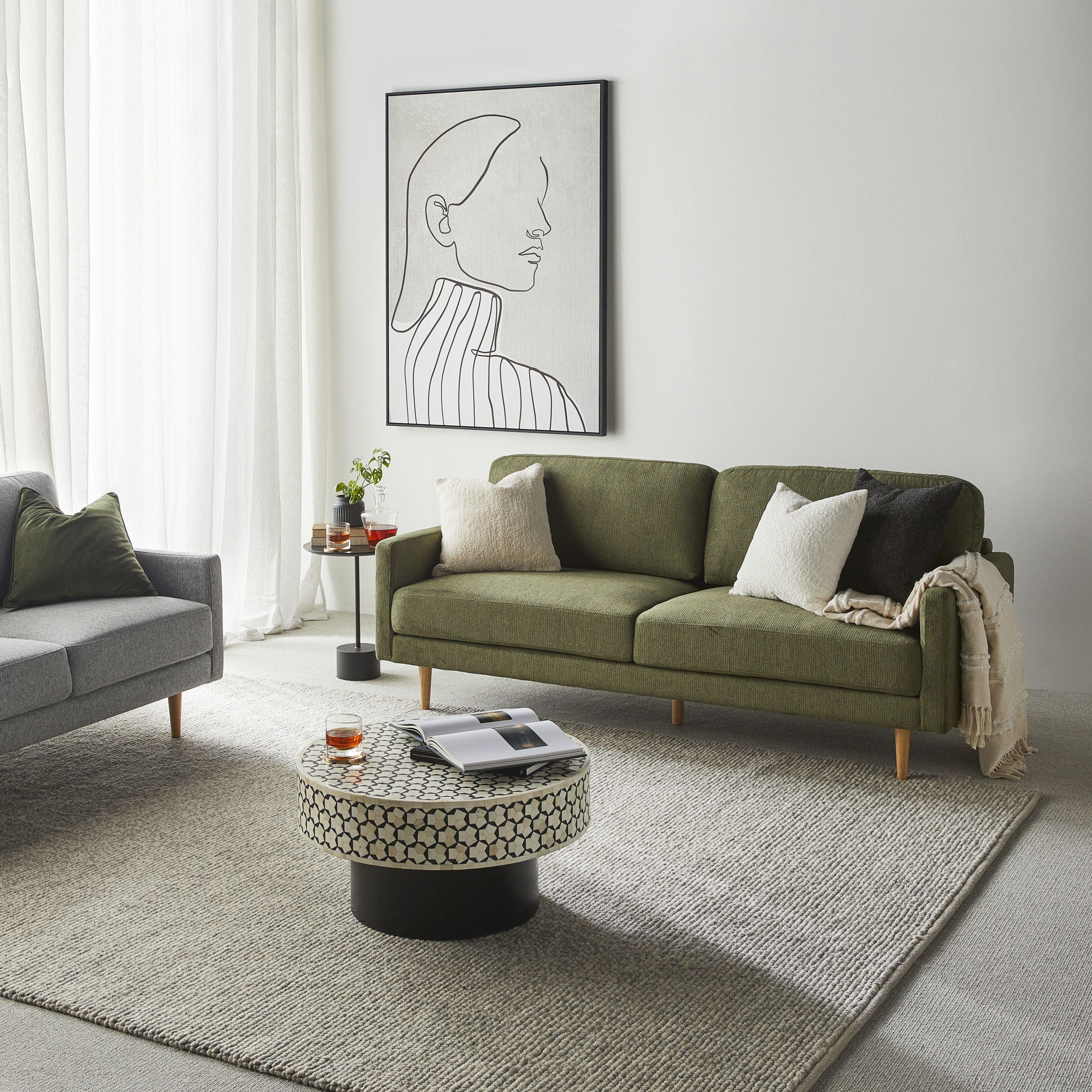 Boden 3-Seater Sofa - Sorrento Olive Green Fabric Couch for Living Room | Comfortable Modern Sectional Sofa for Home, Apartment & Office Lounge