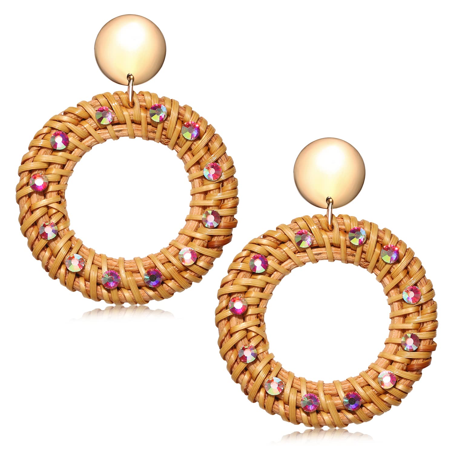 Handmade Bohemian Rattan Earrings for Women - Lightweight Geometric Woven Hoop Drop Dangle Earrings, Natural Raffia Straw Jewelry | Perfect for Summer Festivals, Beach Vacations & Boho Fashion
