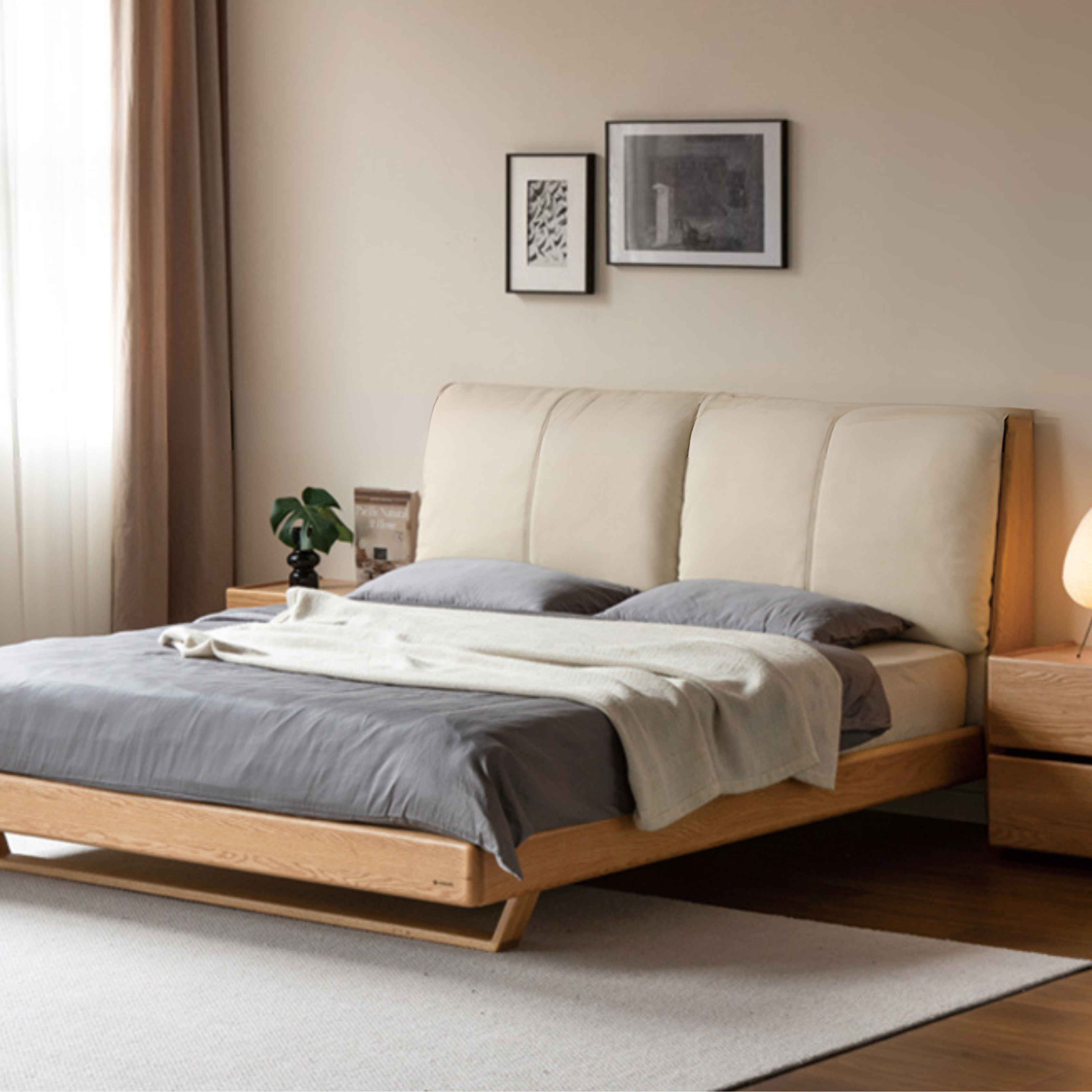 Italian Light Luxury Oak & Ash Solid Wood Leather Upholstered Suspended Bed - Elegant Master Bedroom Furniture for Modern Home Decor
