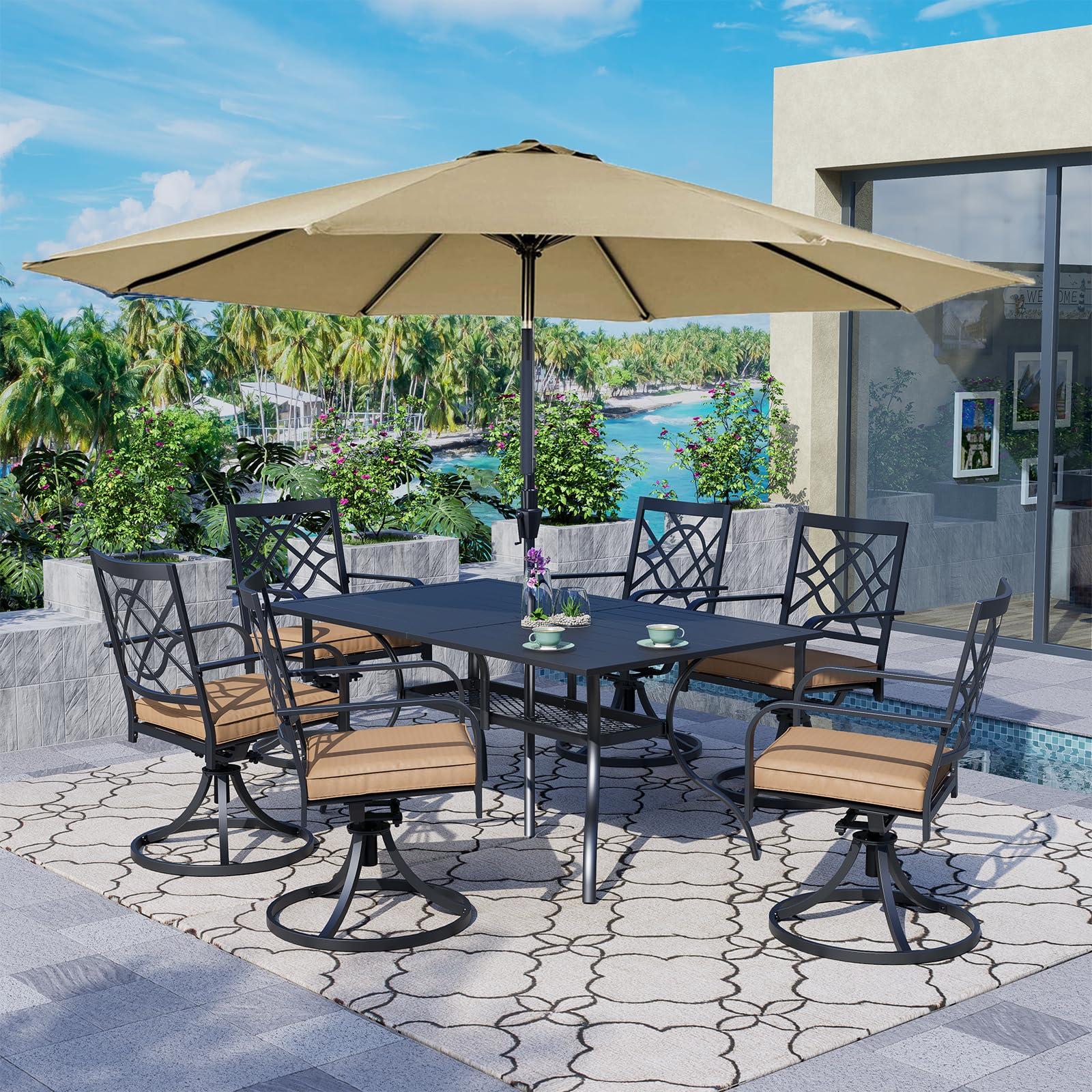Oakcloud 7-Piece Metal Outdoor Patio Dining Set - Brown Umbrella, 6 Swivel Chairs & Rectangle Table with Umbrella Hole - Perfect for Backyard BBQs, Poolside Gatherings & Garden Entertaining