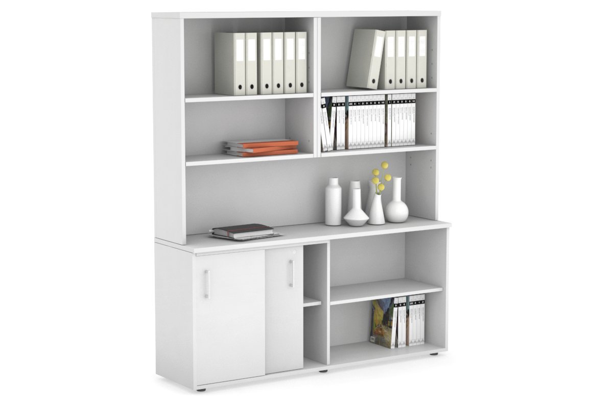 Modern 2-Door Sliding Credenza with Open Storage Hutch - Stylish Home Office & Living Room Furniture for Organization & Display