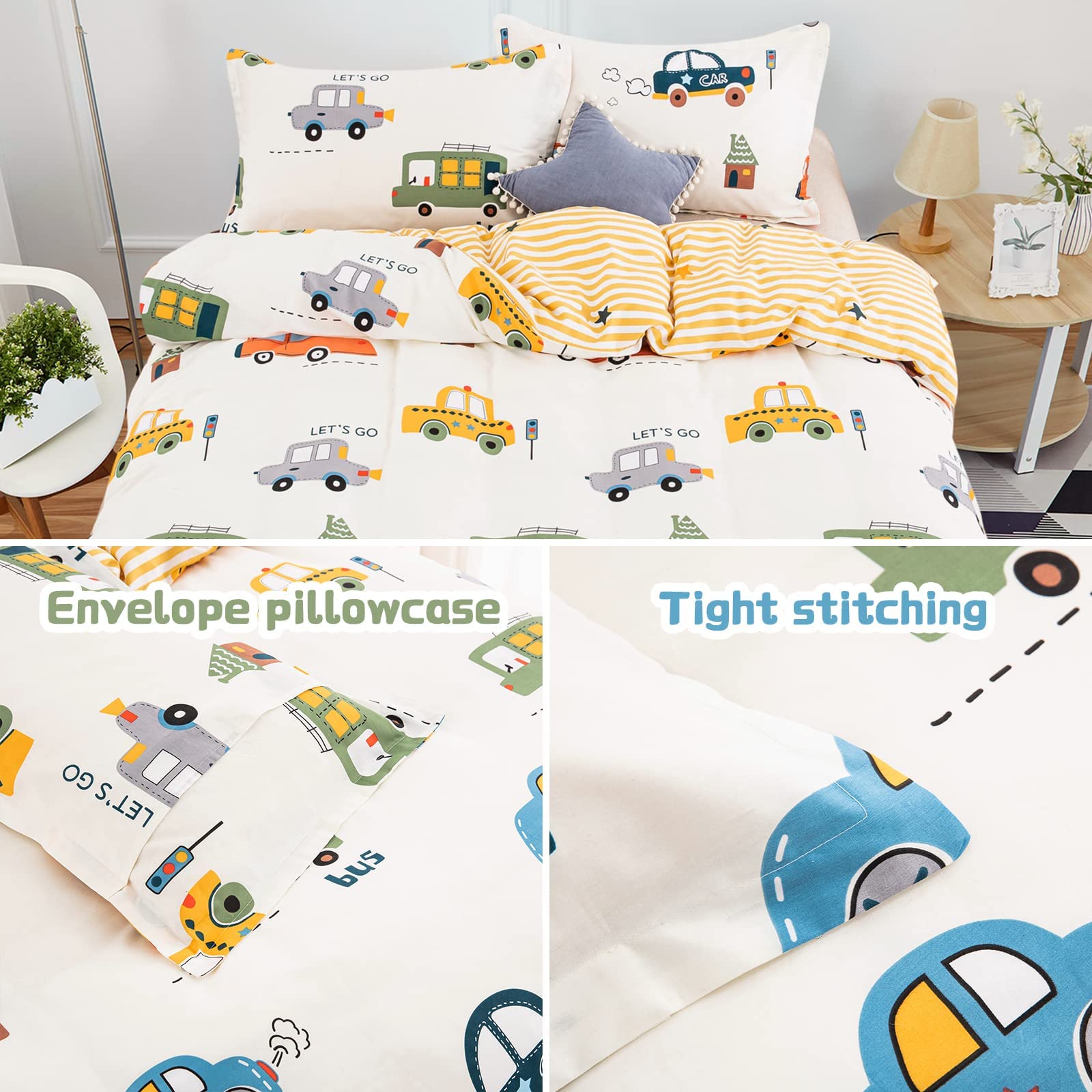 Cartoon Cars Duvet Cover Set Twin Size - 100% Cotton Breathable Bedding (1 Duvet Cover + 1 Pillowcase) | Reversible Stripes Printed Comforter Cover for Kids, Teens, Boys & Girls | Perfect for Bedroom Decor, Sleepovers & Gift Giving