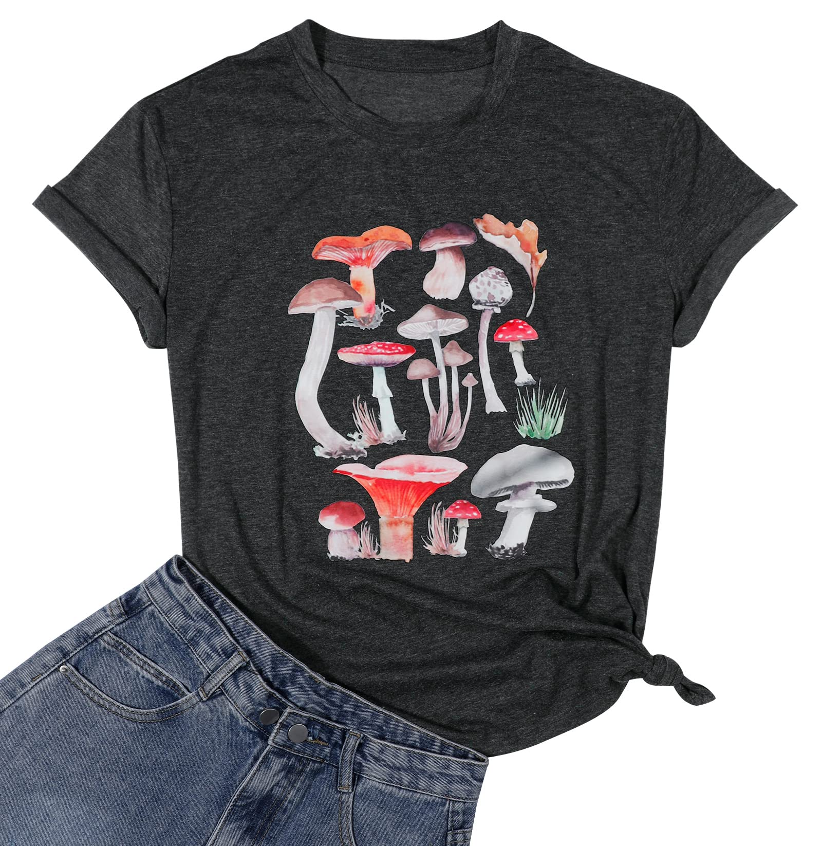 Women's Cute Mushroom Graphic Print T-Shirt - Casual Short Sleeve Summer Tee Top for Everyday Wear, Outings & Vacation